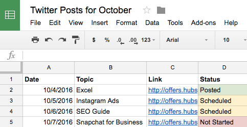 Social media calendar ideas listed on Google Sheets
